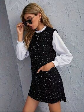 ZARA Rare 100% Cotton Black Tweed Sleeveless Shift Dress with White Dot Detail